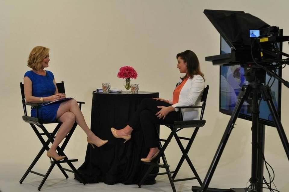 Lauren Goldstein on set for a TV interview with Sonia Stringer